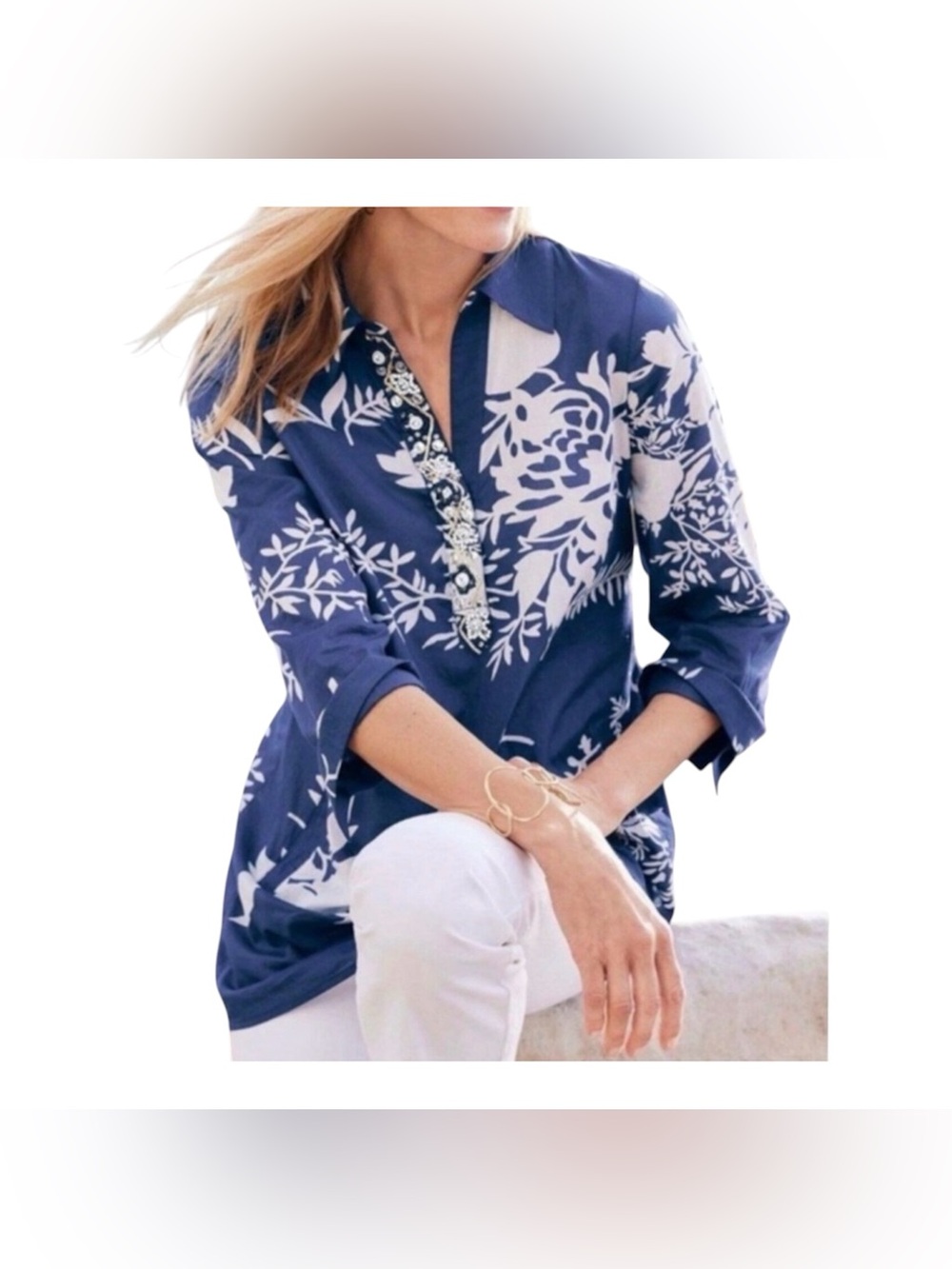 Soft Surroundings Blue Margaux Beaded Tunic PM